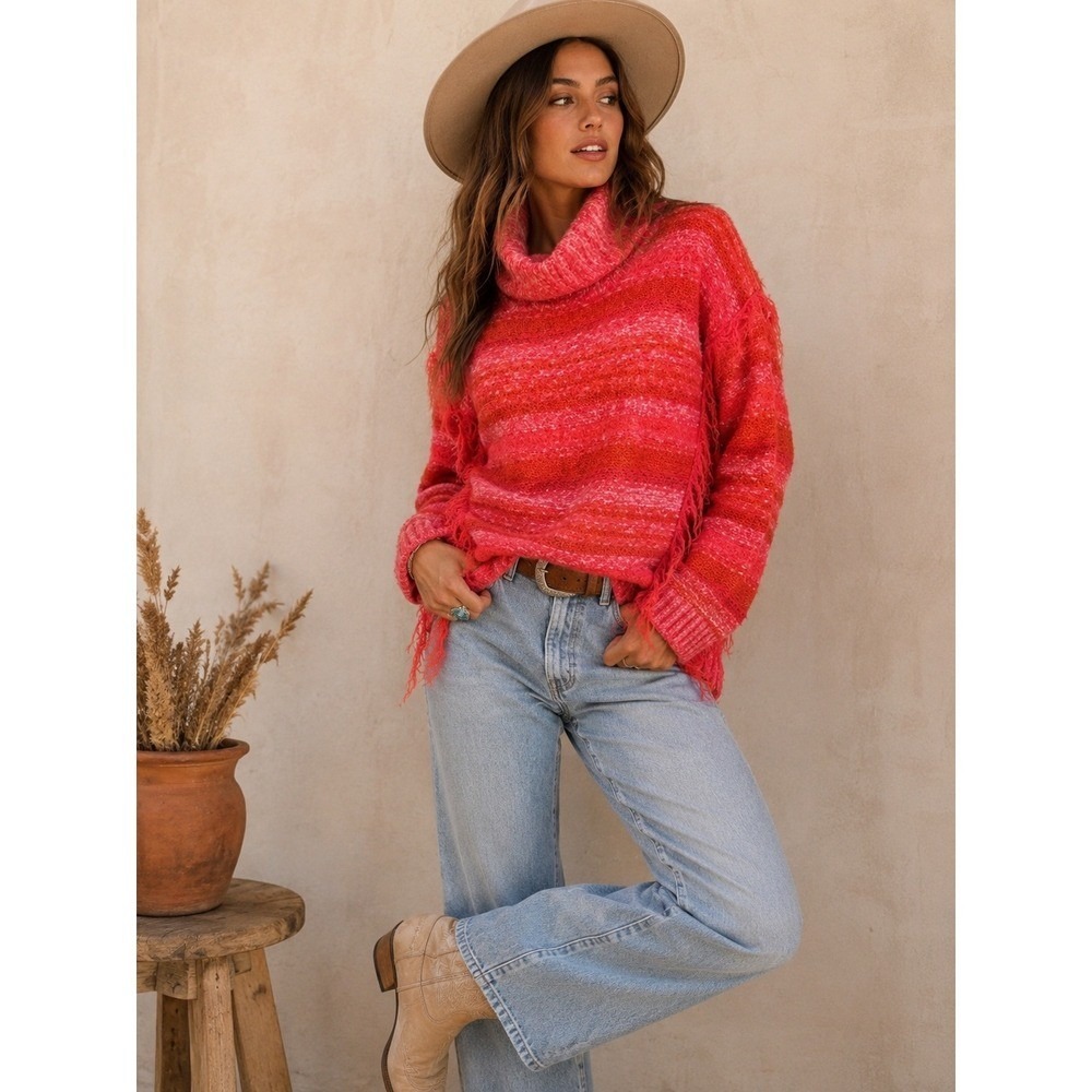 Kensie Fringe Burnt Orange Fringe Sweater L Boho Chic Western Yellowstone Cozy